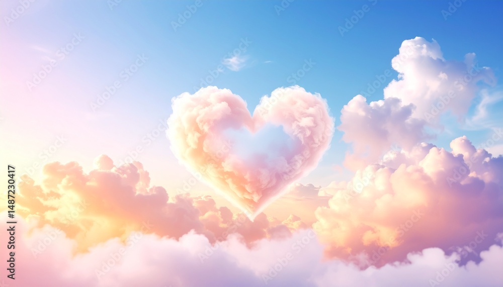 A fantastic scene with pastel colored heart clouds overlapping in the sky