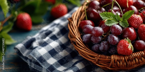 Berry Basket Bonanza: A vibrant assortment of fresh, ripe cherries, strawberries, and grapes spills artfully from a woven basket. The scene is completed with a cloth.
