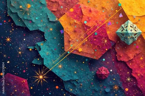 Intricate geometric shapes, overlaid with bold lines & contrasting colors , vibrant, angular, surface