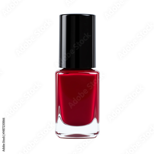 Glossy red nail polish in a modern bottle.