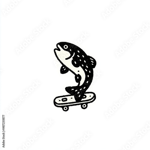 A black and white cartoon drawing shows a quirky fish character skateboarding with a joyful expression in a playful and minimalist art style illustration.