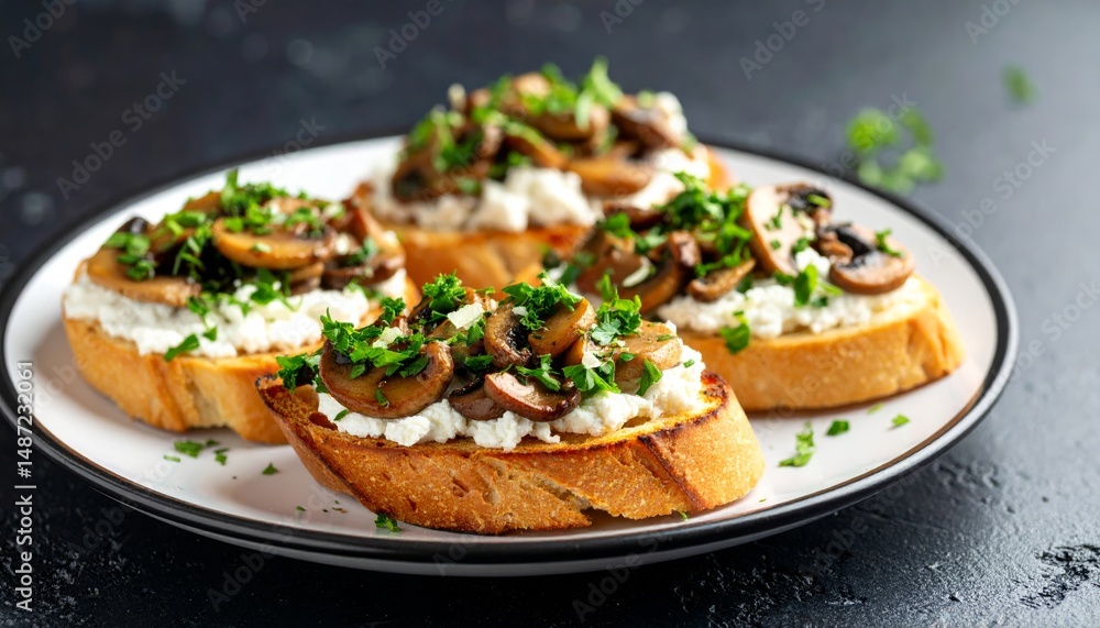 Four slices of toast topped with creamy ricotta, sautéed mushrooms and fresh herbs on a plate background. Four slices of toast topped with creamy ricotta, sautéed mushrooms and fresh herbs on a plate background.
