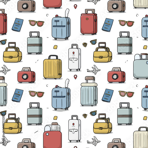 Travel & Adventure Pattern Featuring Various Vacation Essentials: Colorful Suitcases in Red, Blue, Yellow, White, and Grey, Alongside Cameras, Sunglasses, Passports, and Location Pins, Arranged 