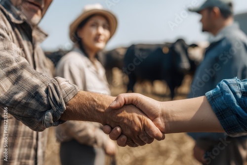 Farmers shaking hands at a cattle farm.