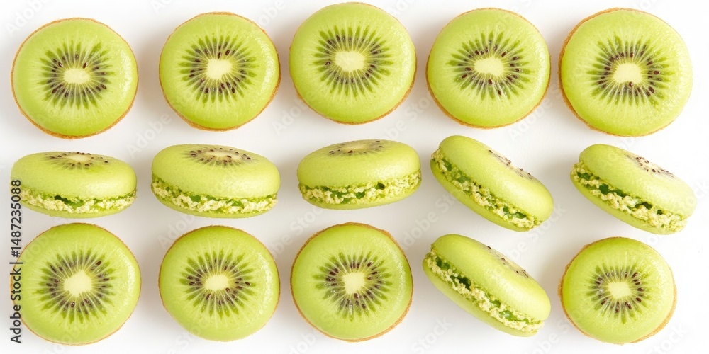 Fototapeta premium Green kiwi-flavored macarons arranged in a grid pattern.