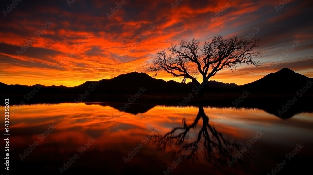 Naklejka premium A sunset reflecting on a pond near a farm