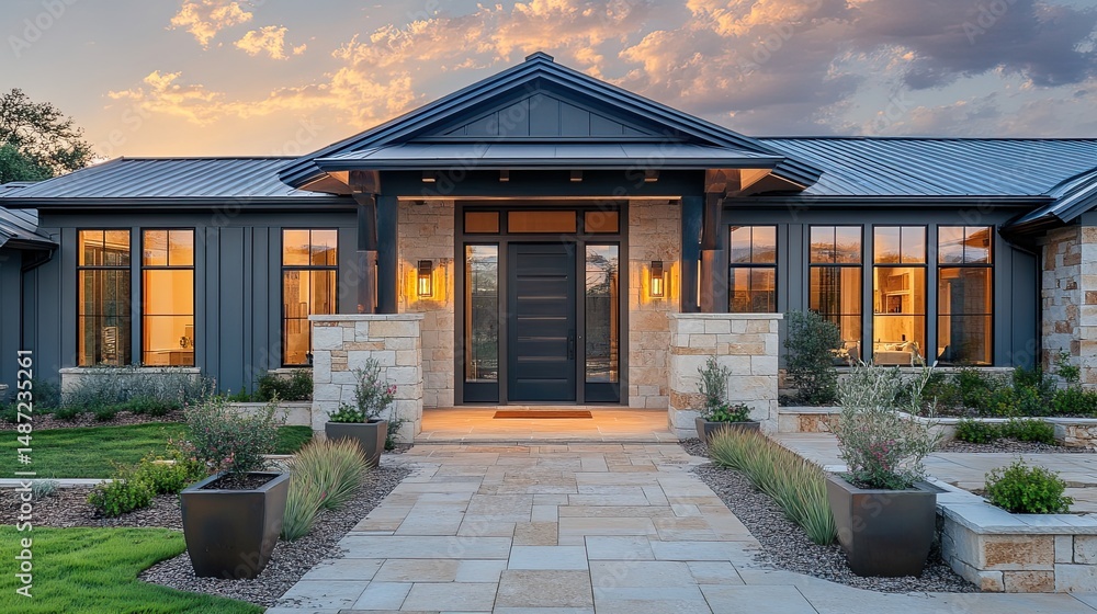 Fototapeta premium Front door of a modern farmhouse with a grey exterior, decorative planters, and light fixtures.
