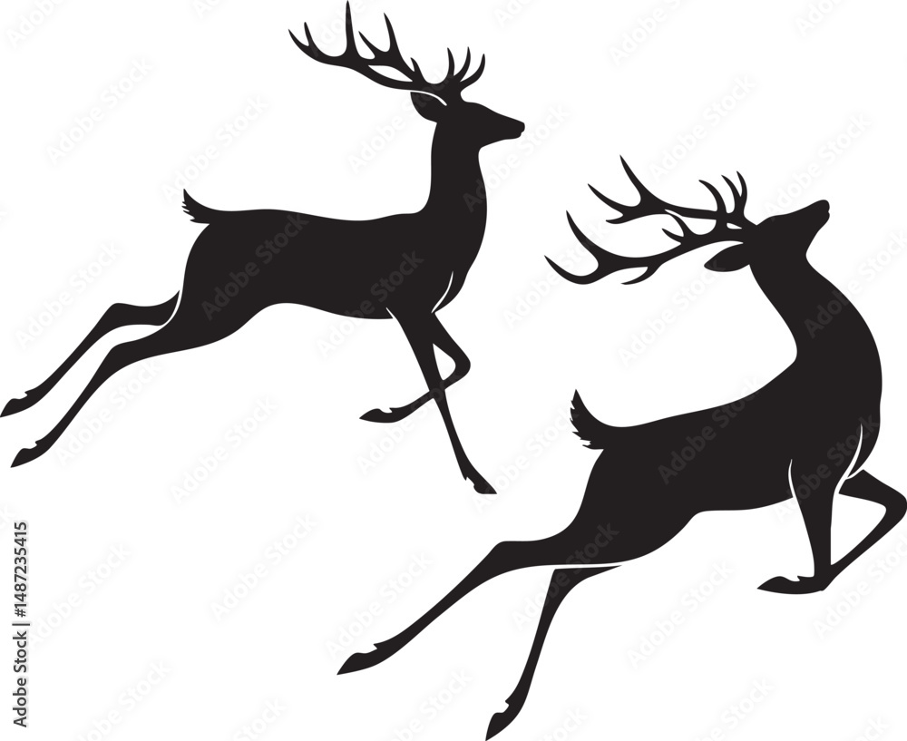 Fototapeta premium two deer silhouette vector illustration with antlers in black and white style