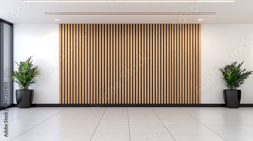 Modern Interior Design with Wood Paneling, Potted Plants, and White Tiled Floor for Room Decor.