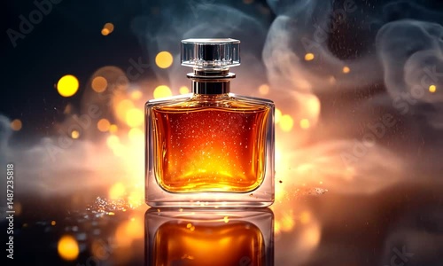 Elegant glass perfume bottle with shimmering liquid, surrounded by soft smoke and glowing particles