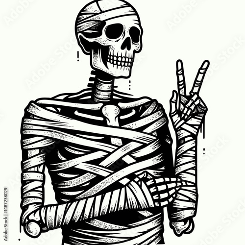 Skeleton wrapped in mummy bandages. Halloween Skull Bones Anatomy Skeletal Clipart Line Art Vector Illustration. Bony remains ancient cloth strips undead figure frightening theme.