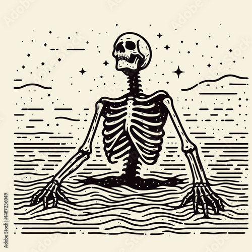 Skeleton emerging from the ground. Halloween Skull Bones Anatomy Skeletal Clipart Line Art Vector Illustration. Bony figure rises earth spooky apparition spectral sight.