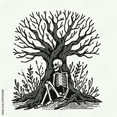 Skeleton hiding in a spooky tree. Halloween Skull Bones Anatomy Skeletal Clipart Line Art Vector Illustration. Osseous figure lurking among frightening arboreal giant for.