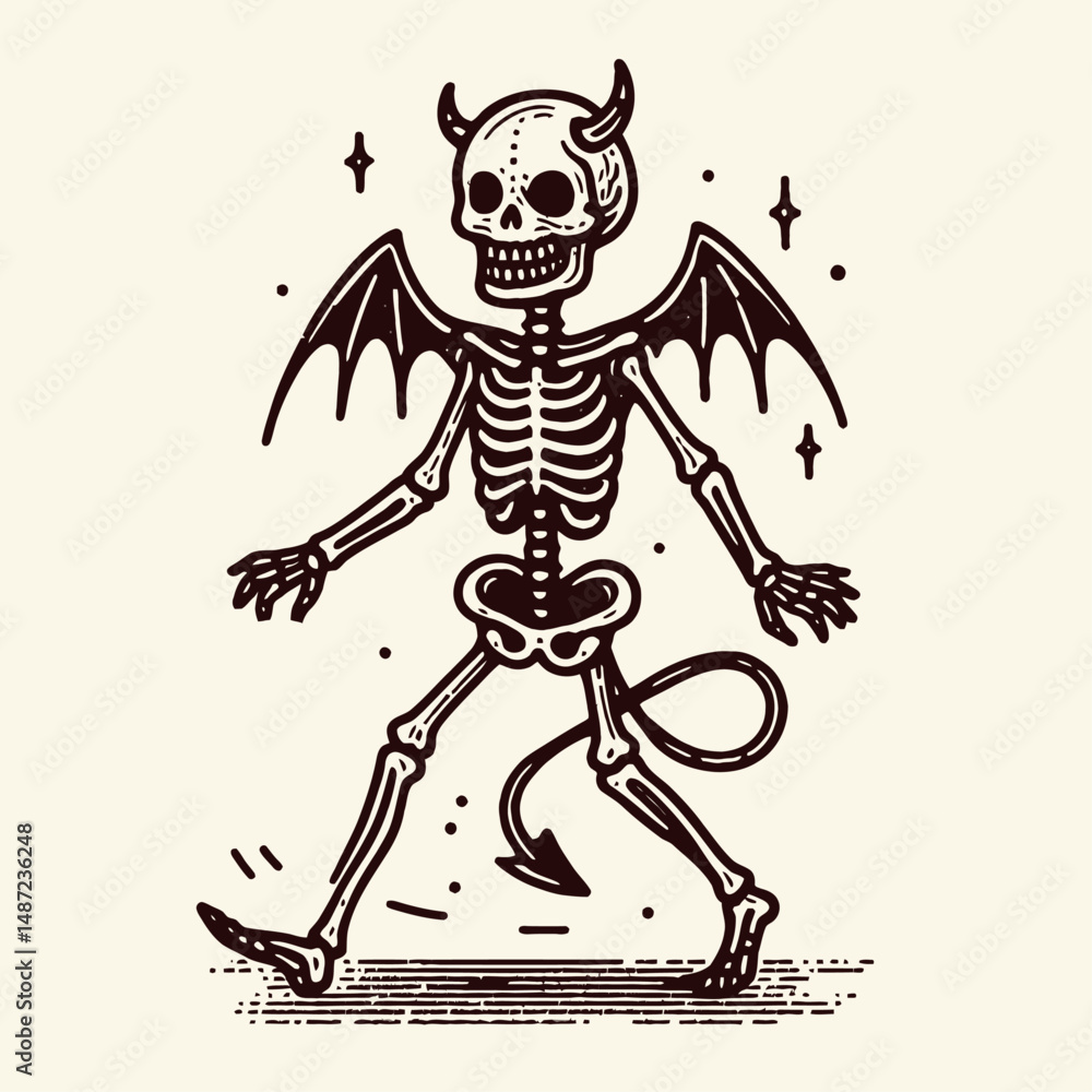 Fototapeta premium Skeleton in a devil costume. Halloween Skull Bones Anatomy Skeletal Clipart Line Art Vector Illustration. Bony figure apparelled like demon wicked avatar or horror image.
