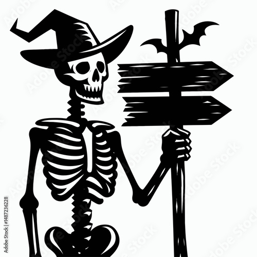 Skeleton holding a spooky signpost. Halloween Skull Bones Anatomy Skeletal Clipart Line Art Vector Illustration. Bony figure gripping eerie marker direction pointer for festive haunt event.