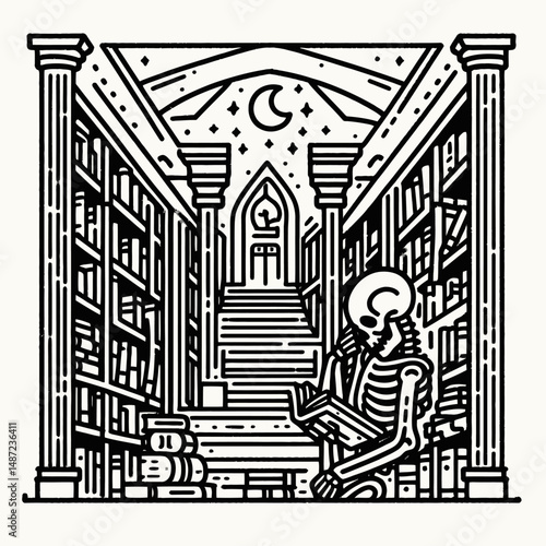 Skeleton in a haunted library. Halloween Skull Bones Anatomy Skeletal Clipart Line Art Vector Illustration. Bony remains within spectral academy gothic mystery novel backdrop.