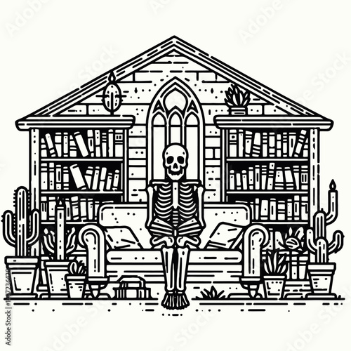 Skeleton in a haunted library. Halloween Skull Bones Anatomy Skeletal Clipart Line Art Vector Illustration. remains dwelling within spectral tome archive eerie literary fiction.