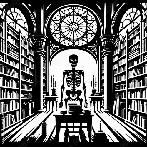 Skeleton in a haunted library. Halloween Skull Bones Anatomy Skeletal Clipart Line Art Vector Illustration. Bony figure within spectral academic archive eerie room lore frightening.