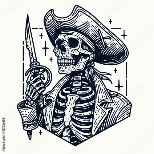 Skeleton in a pirate costume. Halloween Skull Bones Anatomy Skeletal Clipart Line Art Vector Illustration. Bony buccaneer figure apparel spectral seafarer character fancy dress.
