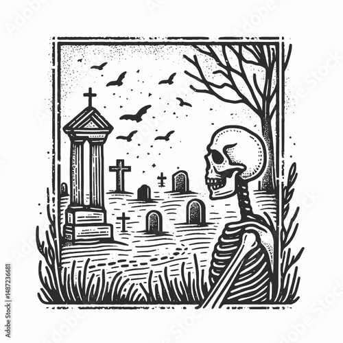 Skeleton in a spooky cemetery. Halloween Skull Bones Anatomy Skeletal Clipart Line Art Vector Illustration. Bony remains at eerie graveyard frightening nocturne scene for.