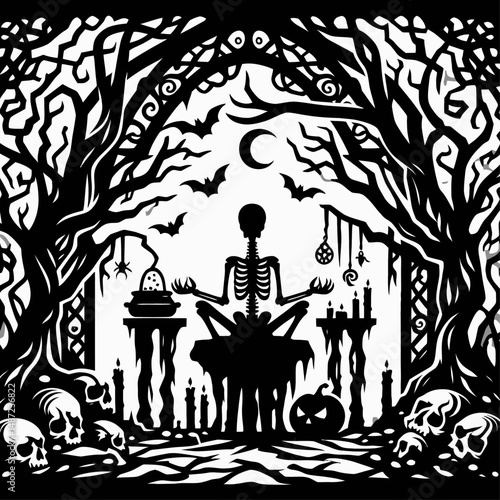 Skeleton in a witchs lair. Halloween Skull Bones Anatomy Skeletal Clipart Line Art Vector Illustration. Bony remains within sorceress abode occult themed haunt fantastic imagery.
