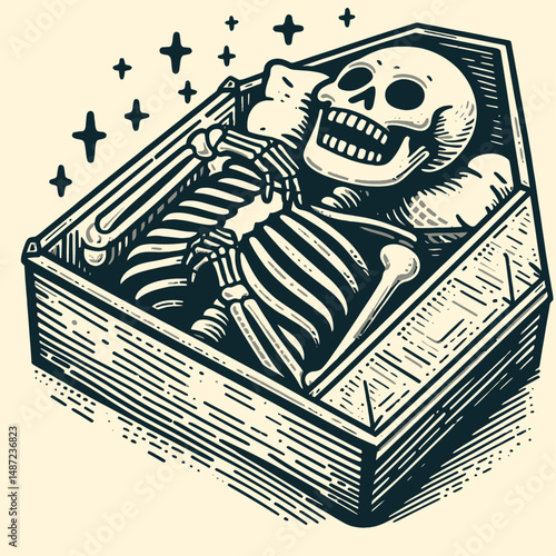 Skeleton lying in a coffin. Halloween Skull Bones Anatomy Skeletal Clipart Line Art Vector Illustration. remains reposing inside casket death macabre grim tomb mortal coil.