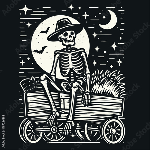 Skeleton on a haunted hayride. Halloween Skull Bones Anatomy Skeletal Clipart Line Art Vector Illustration. Bony figure upon frightful wagon tour spooky autumn adventure.