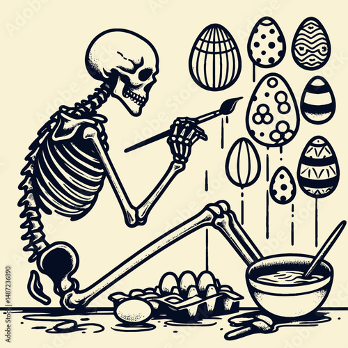 Skeleton painting Easter eggs. Halloween Skull Bones Anatomy Skeletal Clipart Line Art Vector Illustration. Bony artistry decorating ovum for resurrection festivity with stark portray.