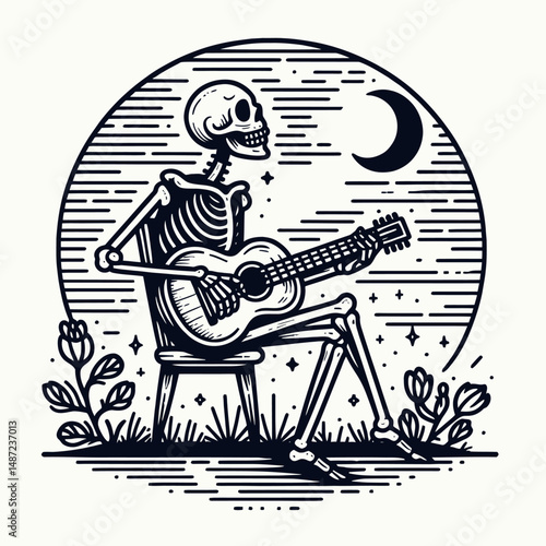 Skeleton playing spooky music on a guitar. Halloween Skull Bones Anatomy Skeletal Clipart Line Art Vector Illustration. Bony figure strumming eerie melody six-string for horror fun.