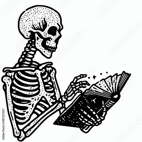 Skeleton reading a spell book. Halloween Skull Bones Anatomy Skeletal Clipart Line Art Vector Illustration. Bony figure deciphering an arcane grimoire studying magic bone structure.