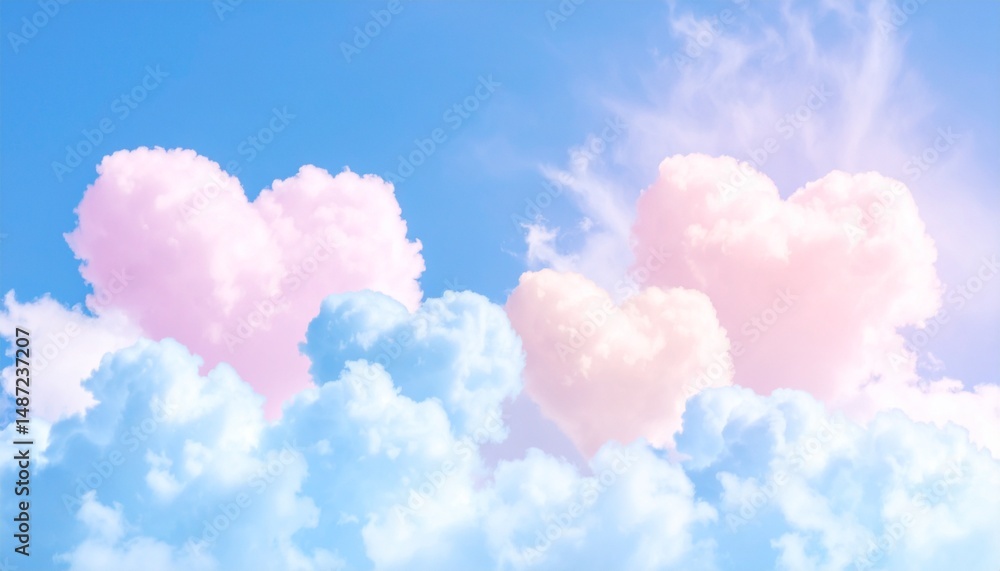 A fantastic scene with pastel colored heart clouds overlapping in the sky