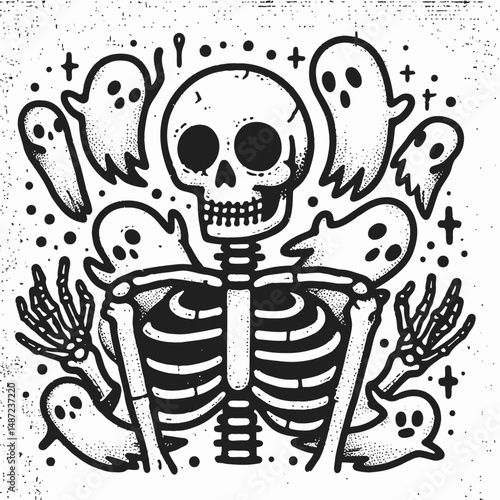 Skeleton surrounded by ghosts. Halloween Skull Bones Anatomy Skeletal Clipart Line Art Vector Illustration. Bony remains amid phantoms spectral apparitions chilling supernatural scene.
