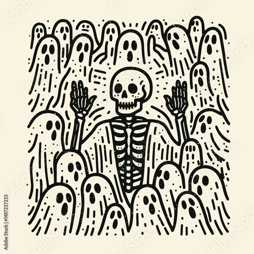 Skeleton surrounded by ghosts. Halloween Skull Bones Anatomy Skeletal Clipart Line Art Vector Illustration. Spectral apparition encircling bony figure macabre night phantom.