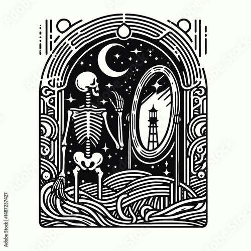 Skeleton with a haunted mirror. Halloween Skull Bones Anatomy Skeletal Clipart Line Art Vector Illustration. Bony figure before phantasmal reflector eerie phantom image within ancient.