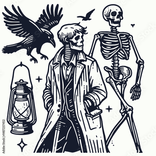 Skeleton with a lantern and crow. Halloween Skull Bones Anatomy Skeletal Clipart Line Art Vector Illustration. Bony figure wielding illumination raven gothic fantasy concept.