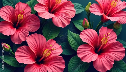 Bold hibiscus blooms, stylized petals, repeating motif , red, fabric