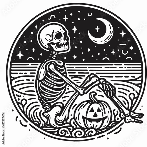 Skeleton with a pumpkin head. Halloween Skull Bones Anatomy Skeletal Clipart Line Art Vector Illustration. Bony figure sporting gourd cranium autumnal mystic image for october.