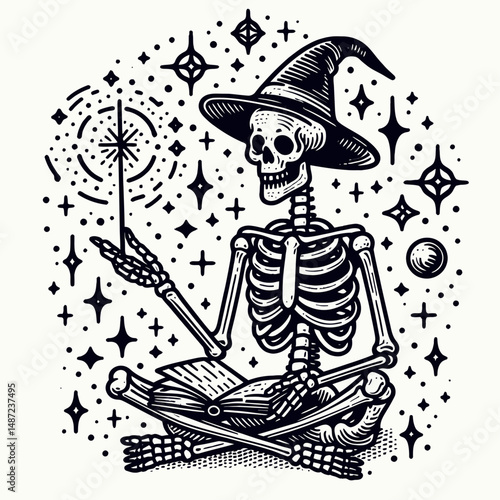 Skeleton with a spell book and wand. Halloween Skull Bones Anatomy Skeletal Clipart Line Art Vector Illustration. Bony wizard arcane grimoire plus mystical rod for necromancy magic.