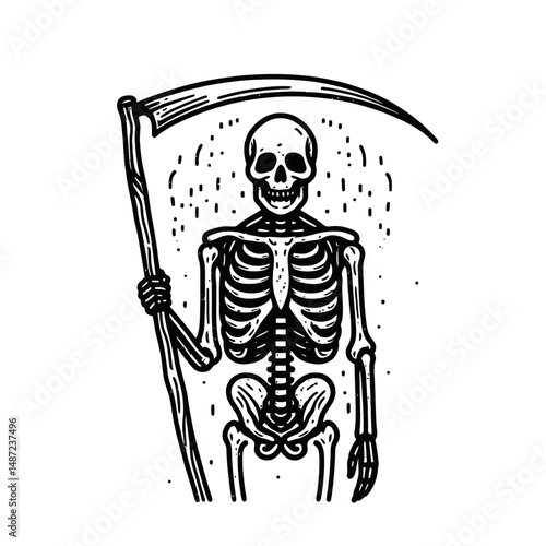 Skeleton with a scythe. Halloween Skull Bones Anatomy Skeletal Clipart Line Art Vector Illustration. Bony reaper wielding harvest blade gothic death figure spectral grimness.