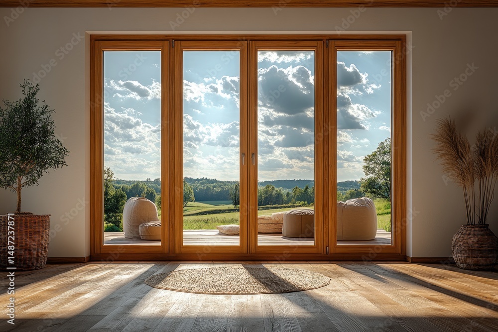 Fototapeta premium Spacious room with large windows showcasing a tranquil landscape.