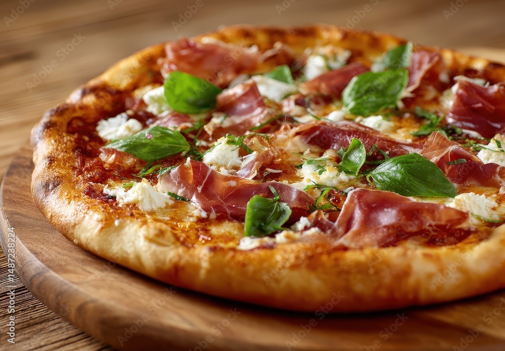 Delicious prosciutto pizza with fresh basil leaves. Delicious prosciutto pizza with fresh basil leaves.