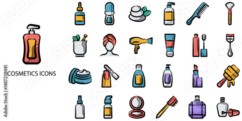 Cosmetics simple concept 24 hand drawn color icons set .Vector illustration.