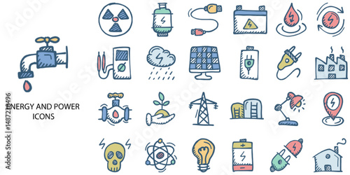 Energy and power simple concept 24 hand drawn color icons set .Vector illustration.