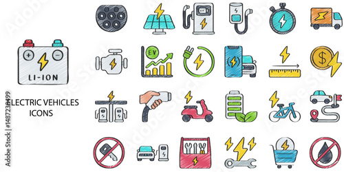 Electric Vehicles simple concept 24 hand drawn color icons set .Vector illustration.