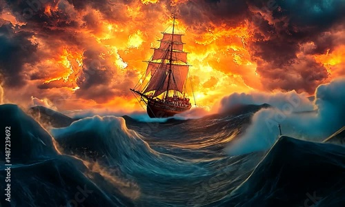 Majestic ship sailing through turbulent seas under a fiery sunset, evoking adventure and resilience