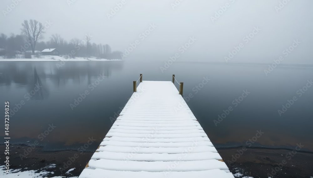 Naklejka premium a snow-covered wooden dock extending into a calm lake
