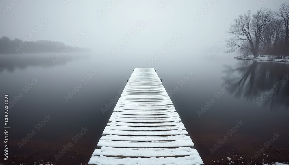 Fototapeta premium a snow-covered wooden dock extending into a calm lake