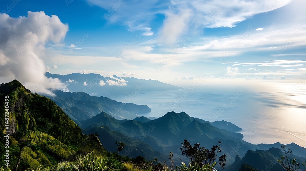 Obraz premium Vast Mountain Landscape Under Blue Cloudy Sky with Sunlight on Horizon