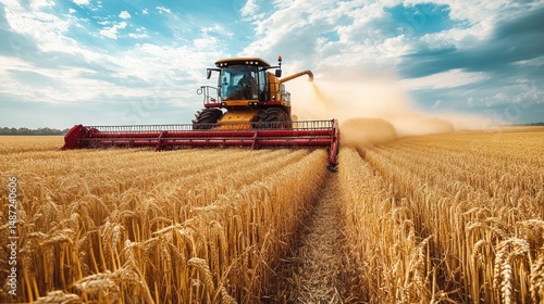 Golden wheat harvesting with combine harvester under a vast sky horizon
