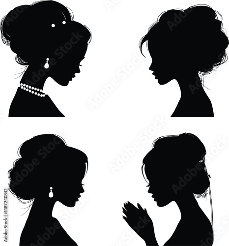 Elegant Female Silhouette Icon Set Featuring Four Distinct Profiles: A Woman with an Updo and Pearl Accessories, A Woman with a Messy Bun, A Woman with an Elegant Updo and Dangling Earrings